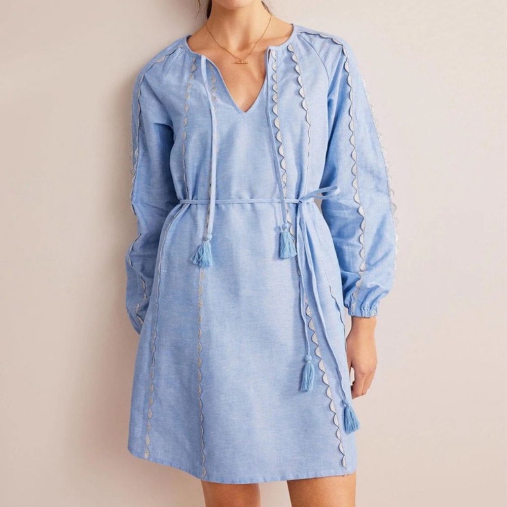 Boden Light Blue Long Sleeve Tassel Tie Dress